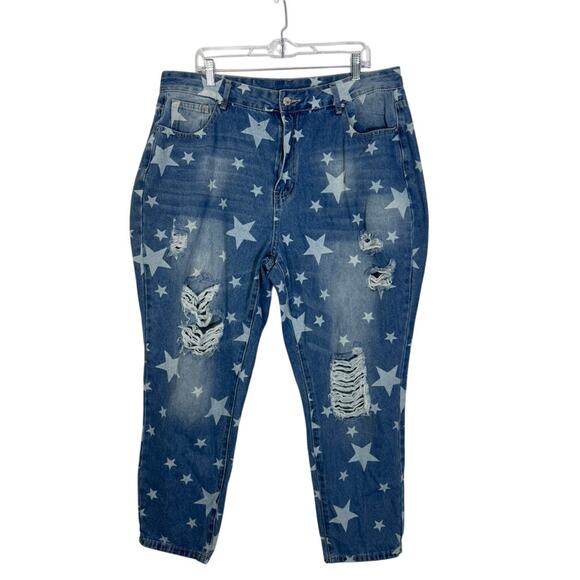 NWT Mekool Distressed Blue With Star Print High Waisted Jeans Pants Size 2XL - Picture 1 of 10